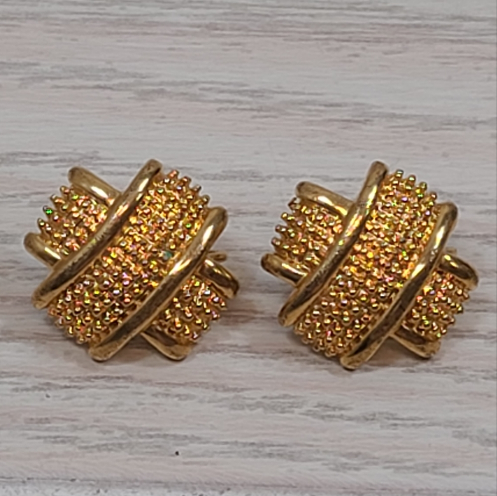 Vintage Gold Tone Textured X Clip on Earrings Costume Jewelry